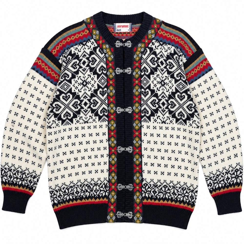 Norwear Nordic Cardigan Women M Black White Fair Isle Pewter Clasp Wool Sweater